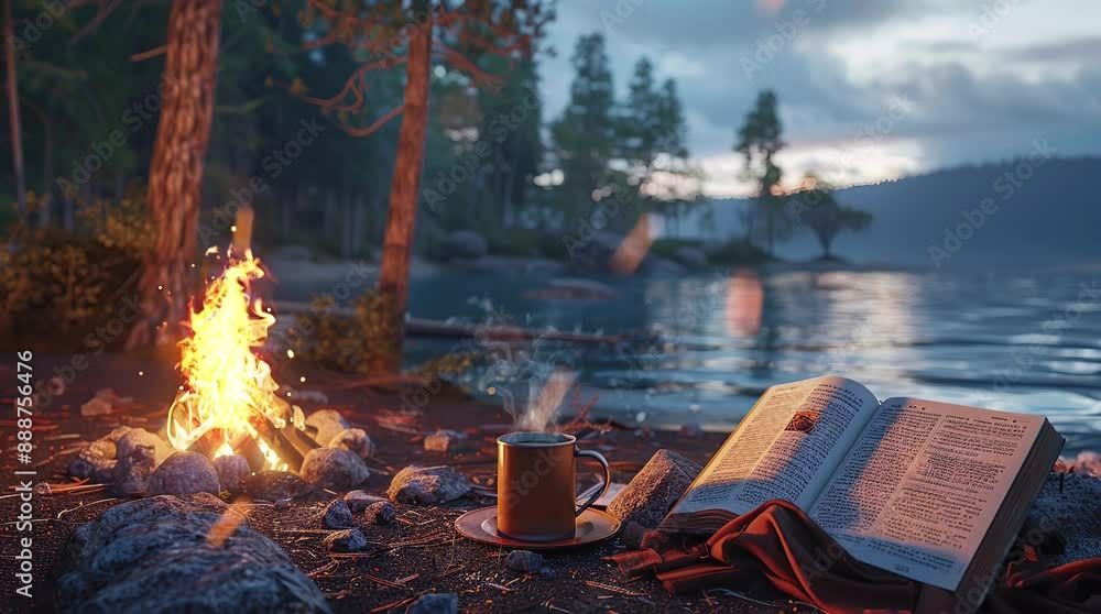 Coffee and book by a bonfire in a night camping landscape, creating a cozy and inviting atmosphere with a warm firelight and peacefu Seamless looping 4k time-lapse virtual video animation Generated AI Coffee and book by a bonfire in a night camping landscape, creating a cozy and inviting atmosphere with a warm firelight and peacefu Seamless looping 4k time-lapse virtual video animation Generated AI