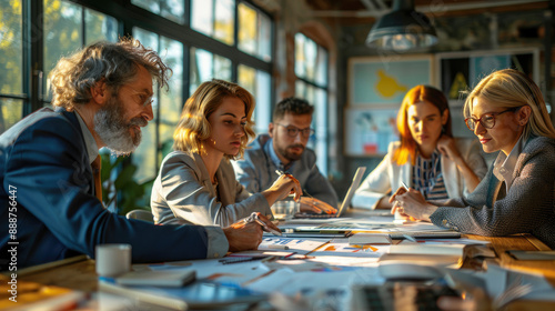 A diverse business team collaborates in a modern office space, discussing strategies and ideas during a meeting with documents spread across the table.