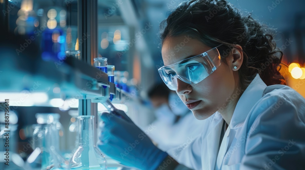 A focused scientist wearing protective eyewear conducts an experiment in a modern laboratory, surrounded by scientific equipment and glassware. A focused scientist wearing protective eyewear conducts an experiment in a modern laboratory, surrounded by scientific equipment and glassware.