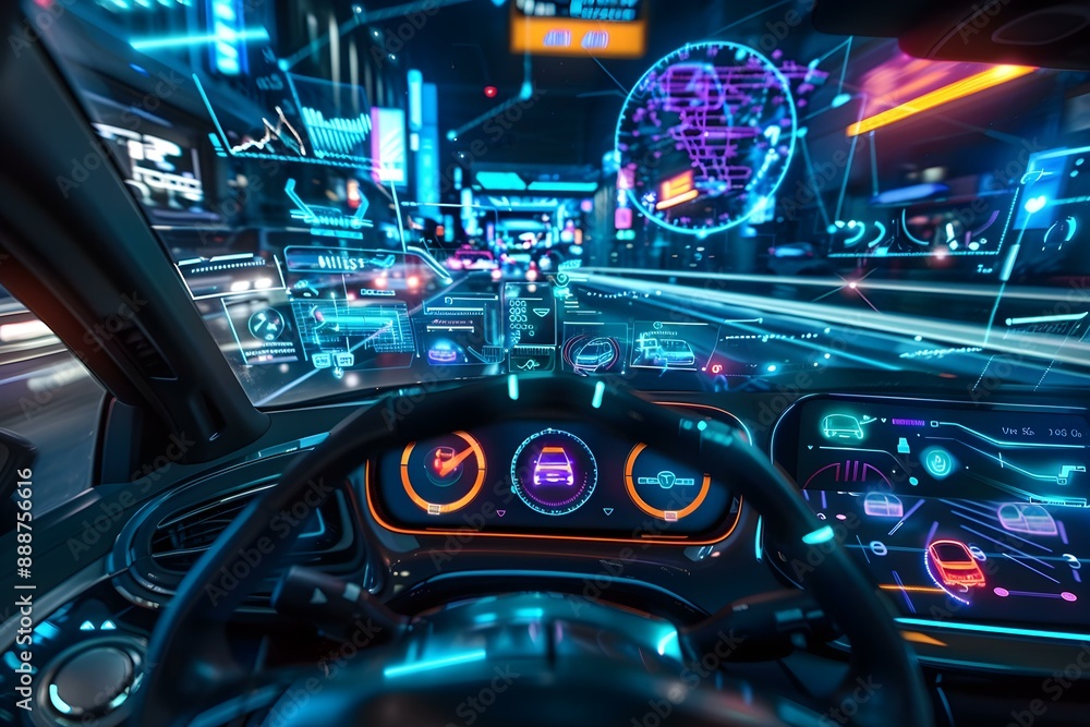 AI holographic display in futuristic car dashboard, digital transformation, tech innovation, artificial intelligence, advanced computing, high tech, cybernetics, smart solutions, interactive AI holographic display in futuristic car dashboard, digital transformation, tech innovation, artificial intelligence, advanced computing, high tech, cybernetics, smart solutions, interactive
