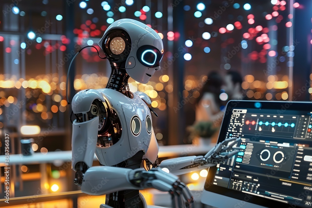 AI robot DJ mixing music at a futuristic party, blending entertainment with advanced technology AI robot DJ mixing music at a futuristic party, blending entertainment with advanced technology