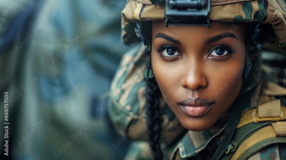 A woman in a military uniform with a helmet on her head A woman in a military uniform with a helmet on her head