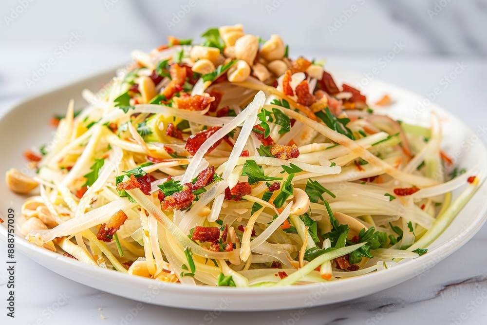 Raw papaya salad with shrimp and peanuts on plate Raw papaya salad with shrimp and peanuts on plate