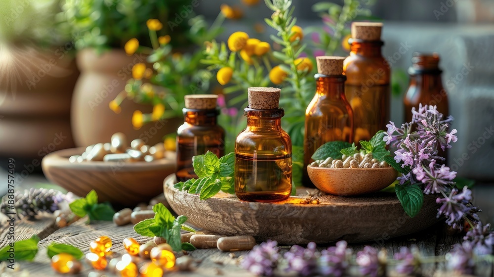 Assorted essential oils and herbs on a wooden tray, surrounded by fresh flowers and herbal capsules. Perfect for natural remedies and wellness. Assorted essential oils and herbs on a wooden tray, surrounded by fresh flowers and herbal capsules. Perfect for natural remedies and wellness.