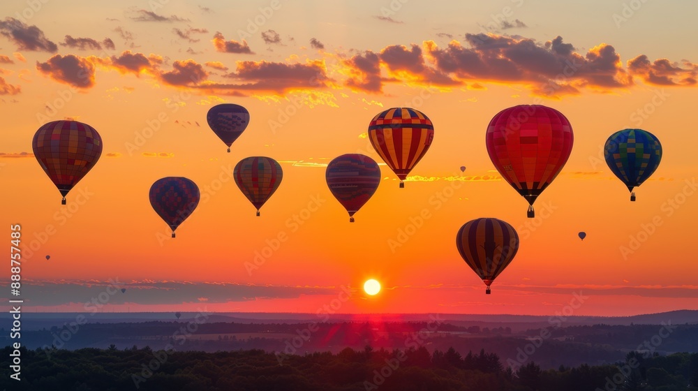Fototapeta premium Sunset with Hot Air Balloons: In the fading light of sunset, hot air balloons soar peacefully, adding a touch of magic to the serene and picturesque scene. 