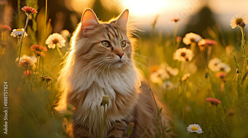 Cat in Meadow Backlit by Evening Light