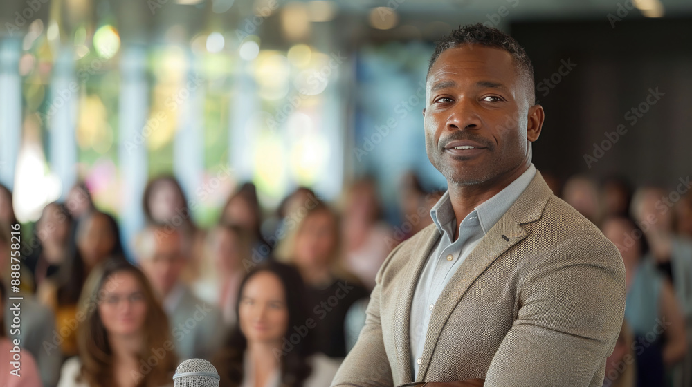 Obraz premium Confident speaker addressing a diverse audience during a conference. Professional setting with natural light and engaged participants.