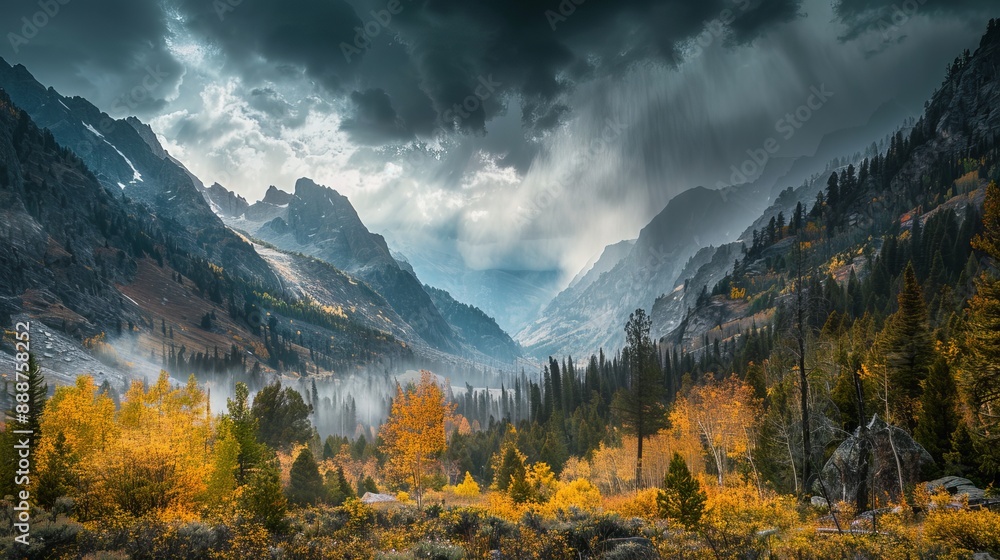 A dramatic sky over the stunning Cascade Canyon in the Grand Tetons National Park creates a breathtaking scene of natural beauty.
