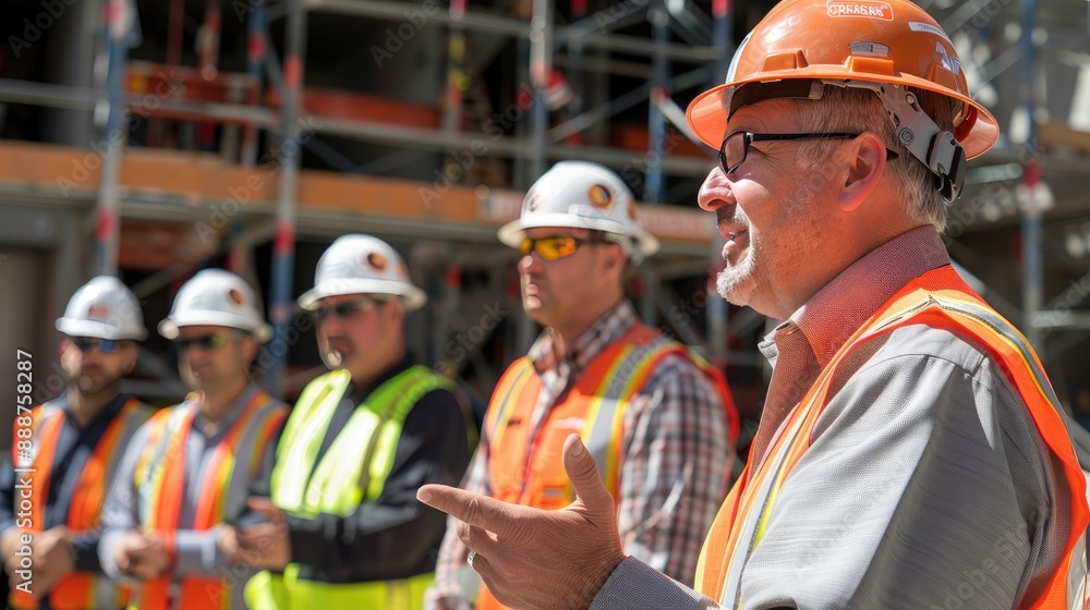 Construction workers and supervisor in protective gear discussing project at a construction site. Collaborative planning and safety emphasis. Construction workers and supervisor in protective gear discussing project at a construction site. Collaborative planning and safety emphasis.
