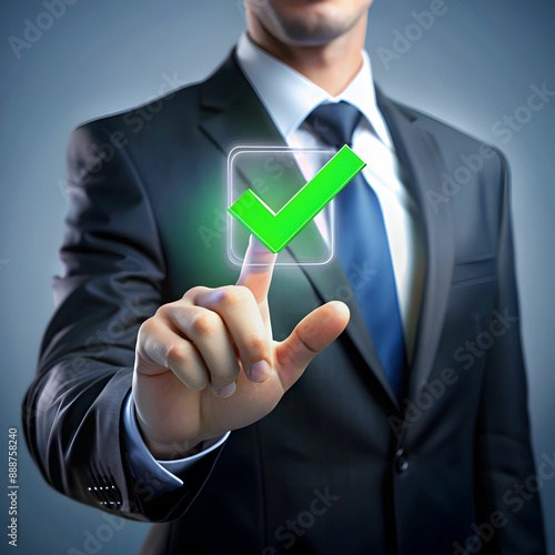 Businessman holding digital hologram of green compliance check mark for certification concept