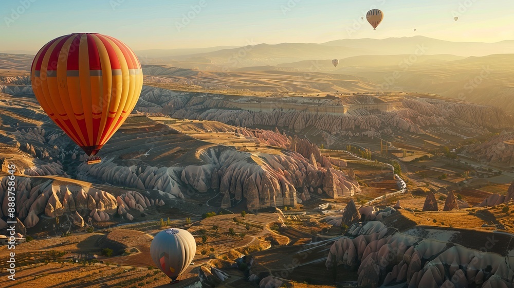 Obraz premium Hot air balloons, also known as atmosphere balloons, soaring over the mountainous landscape of Cappadocia, Turkey, a UNESCO World Heritage Site since 1985.