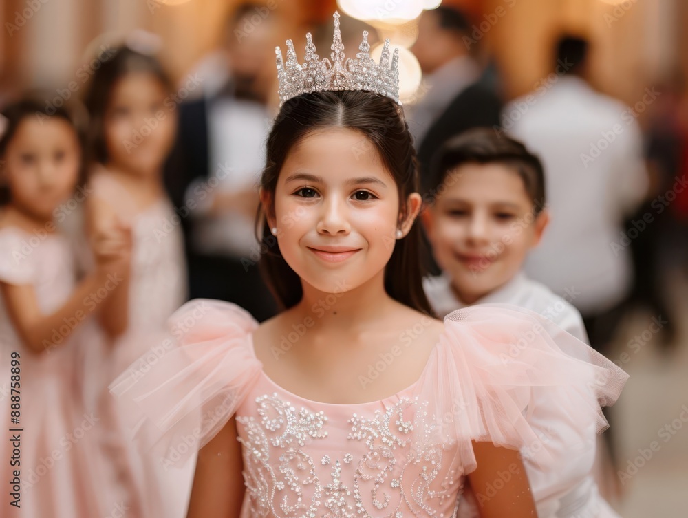 Quinceanera in a grand hall, girl in a pink ball gown with sparkling tiara, family dancing around, Vintage, Photorealistic, Soft lighting Quinceanera in a grand hall, girl in a pink ball gown with sparkling tiara, family dancing around, Vintage, Photorealistic, Soft lighting