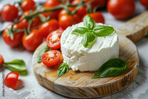 Ricotta cheese with tomatoes and basil on wooden board