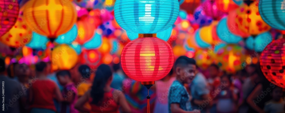 Fototapeta premium Traditional Latino festival with paper lanterns and vibrant costumes, children playing, Pop Art, Neon lights, Energetic scene