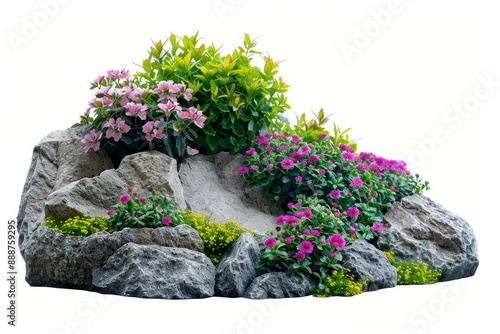 Rock surrounded by flowers and plants for garden design on white background High quality decorative landscaping