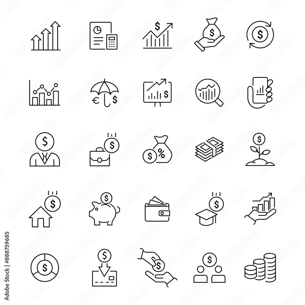 Fototapeta premium Set of line icon related to income, salary, money, business. Outline icon collection dividends, portfolio, growth, real estate, investment.