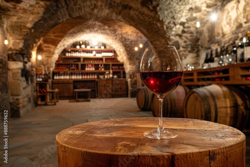 Rustic cellar and wine bar with red wine glass and excellent wine collection in the background photo