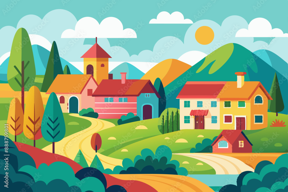 Fototapeta premium Colorful Cartoon Style Rural Landscape: Flat Illustration for Children's Book Cover Design