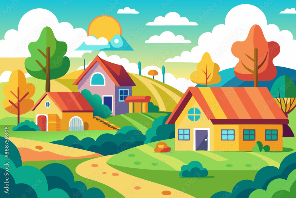 Naklejka premium Colorful Cartoon Style Rural Landscape: Flat Illustration for Children's Book Cover Design