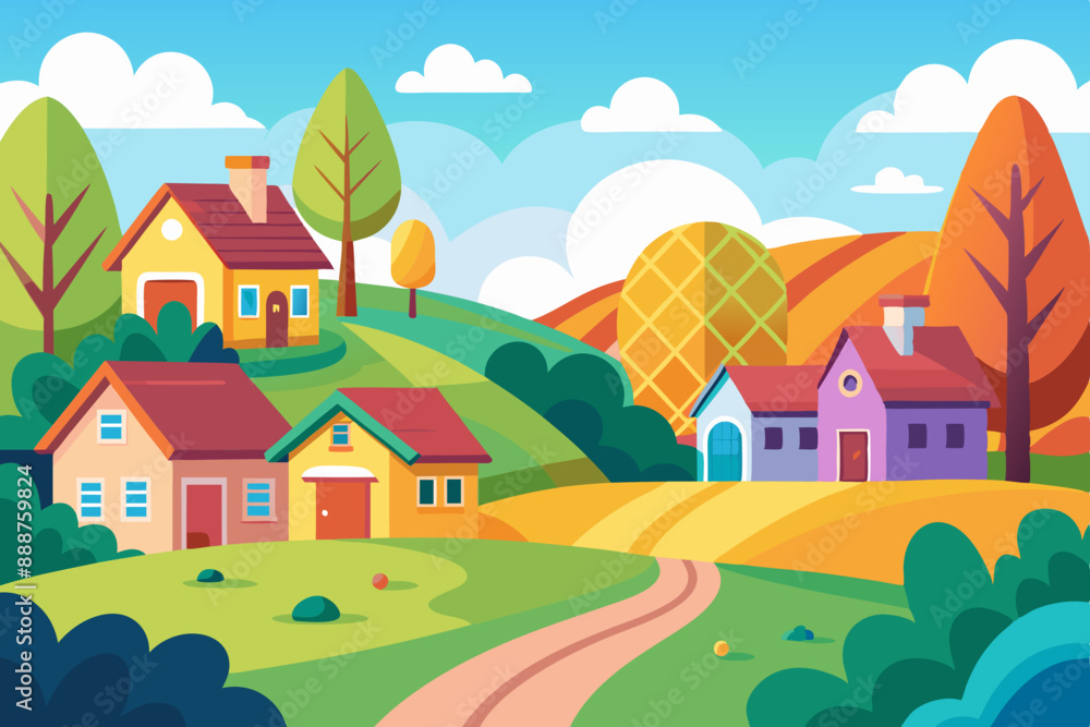 Naklejka premium Colorful Cartoon Style Rural Landscape: Flat Illustration for Children's Book Cover Design