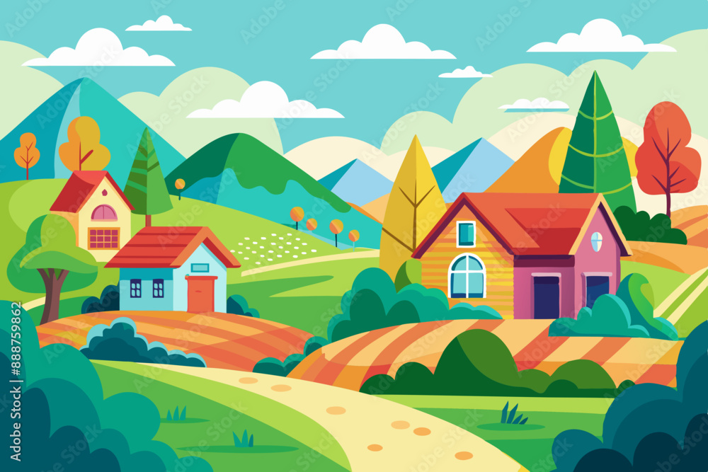 Naklejka premium Colorful Cartoon Style Rural Landscape: Flat Illustration for Children's Book Cover Design