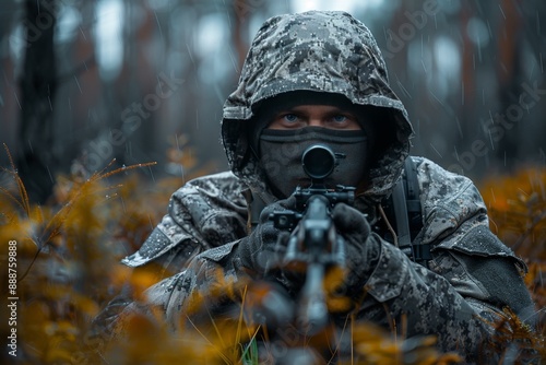 Camouflaged sniper in forest ambush  military marksman concealed in woods with rifle