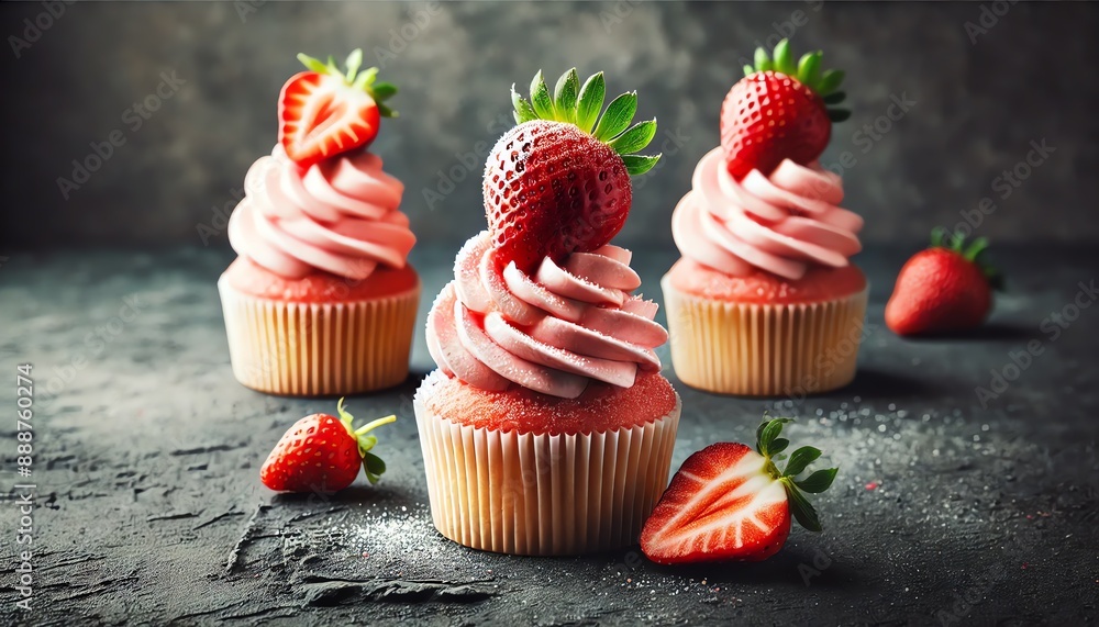 Three strawberry cupcakes placed on a textured surface with a dark, rustic background Three strawberry cupcakes placed on a textured surface with a dark, rustic background