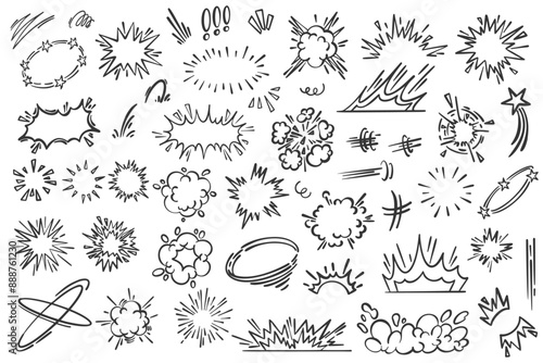 Cartoon lines effects and sparks. Vector comic doodle hand drawn splashes burst and explosion elements. Boom and bang motion sketch.