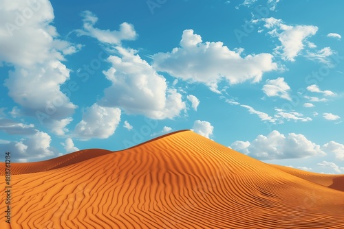 Golden sand dunes ripple under a bright blue sky adorned with fluffy white clouds, capturing the serene and vast beauty of the desert landscape.