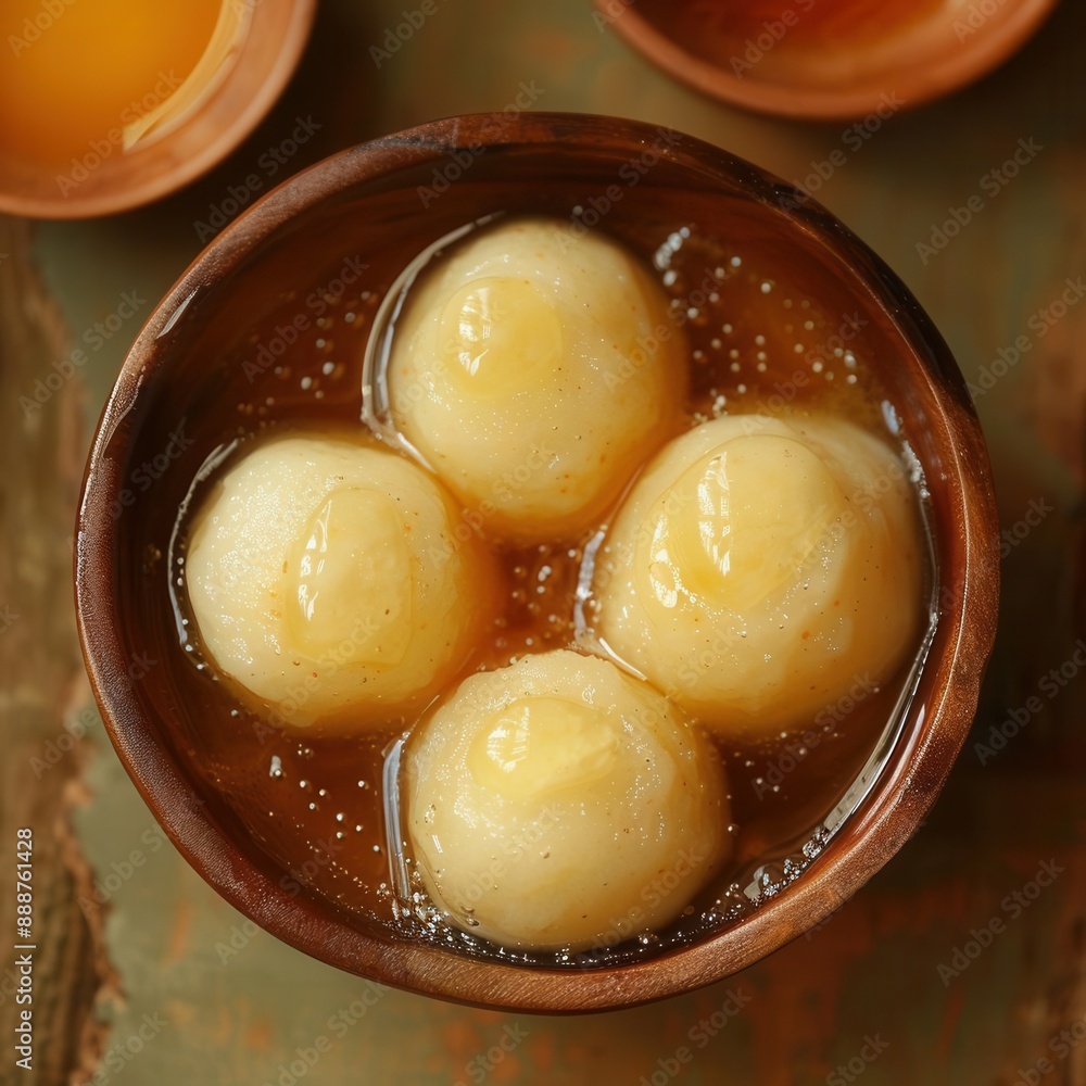 Indian rasgulla in syrup, bird's-eye view, room for text Indian rasgulla in syrup, bird's-eye view, room for text