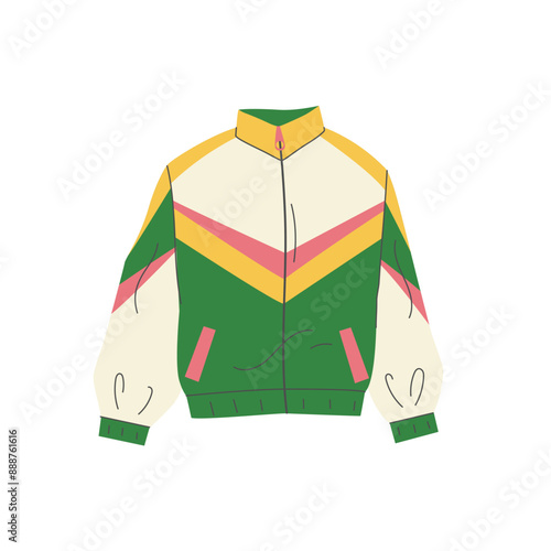 Vintage sports jacket. Colored clothes from the 90s. Fashionable old school windbreaker. Vector illustration