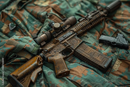 Military arsenal assault rifle and pistol on camouflage surface for army equipment