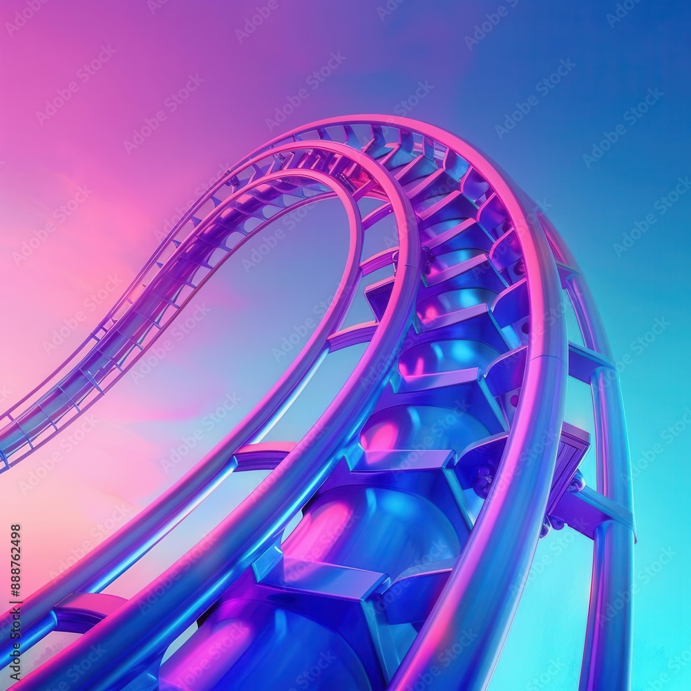 Obraz premium Vivid gradient background from turquoise to purple, worm's-eye perspective of roller coaster, space for text