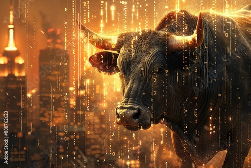 Photorealistic bull charging forward symbolizes strong stock market performance during a tech upwave, with smoke rising from buildings under golden light, stock charts on a blurred digital screen photo