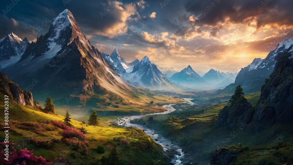 Fototapeta premium fantasy landscape with river and mountains at sunset