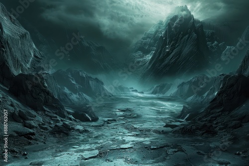 Mysterious valley between dark mountains under an ominous sky