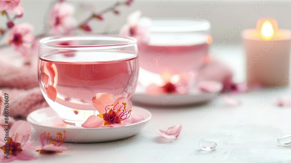 Aromatic herbal tea with flowers, macro shot, serene spa atmosphere, detailed petal textures Aromatic herbal tea with flowers, macro shot, serene spa atmosphere, detailed petal textures