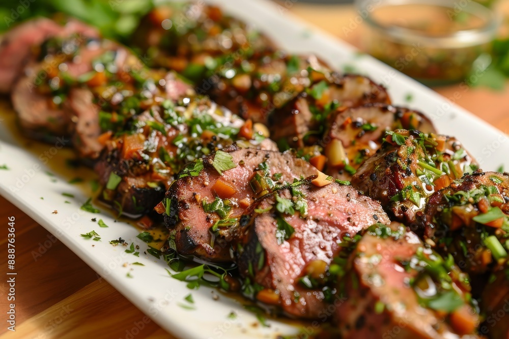Seasoned tenderloin slices with garnish Seasoned tenderloin slices with garnish