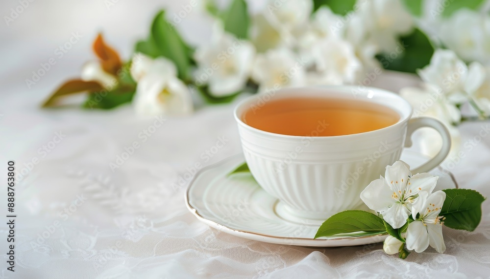Selective focus on a tea cup with jasmine flowers Selective focus on a tea cup with jasmine flowers