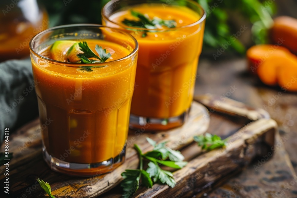 Selective focus on rustic dark wood background with homemade fresh carrot juice Selective focus on rustic dark wood background with homemade fresh carrot juice