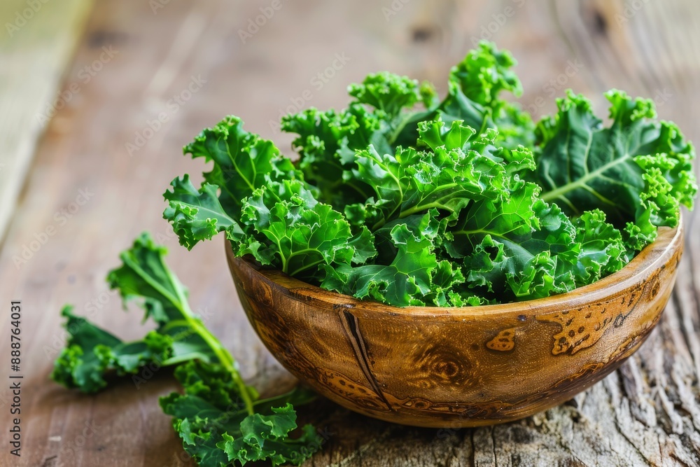 Selective focus on kale chips against wood background Selective focus on kale chips against wood background