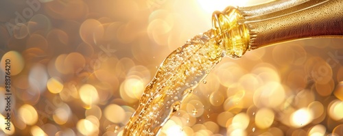 Pouring champagne with bubbles, macro closeup, celebratory atmosphere, sparkling detail photo