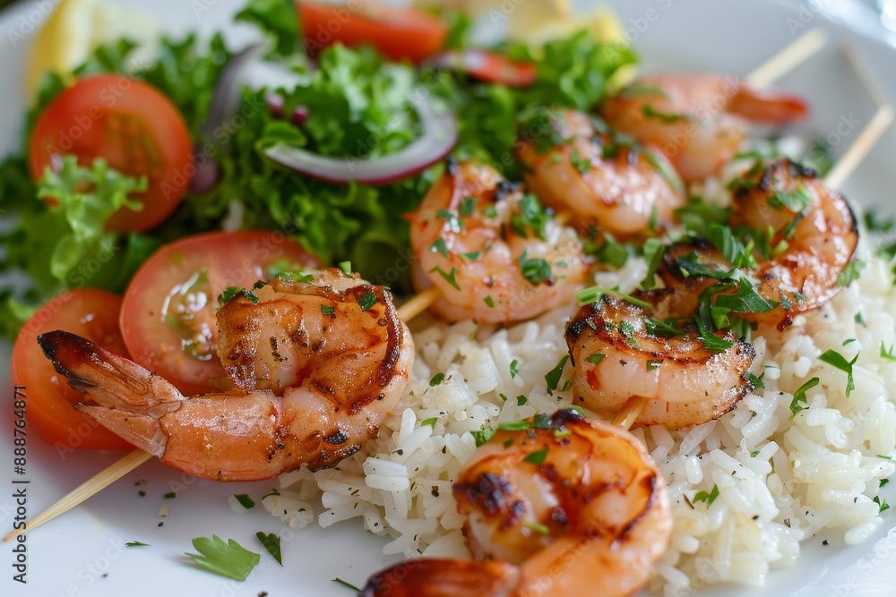 Skewered prawns with rice and veggie salad Skewered prawns with rice and veggie salad