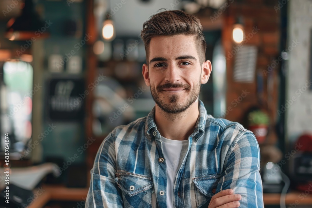 Skilled barber Smiling young man in barbershop Skilled barber Smiling young man in barbershop