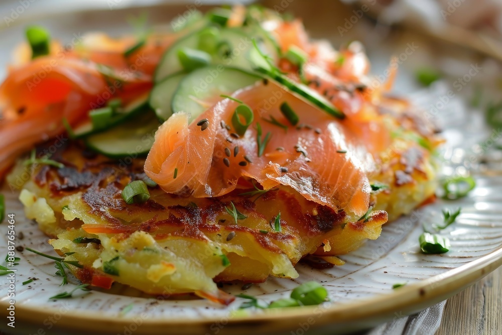 Smoked salmon and cucumber salad with potato rosti Smoked salmon and cucumber salad with potato rosti