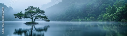 Serene Tree on a Misty Lake