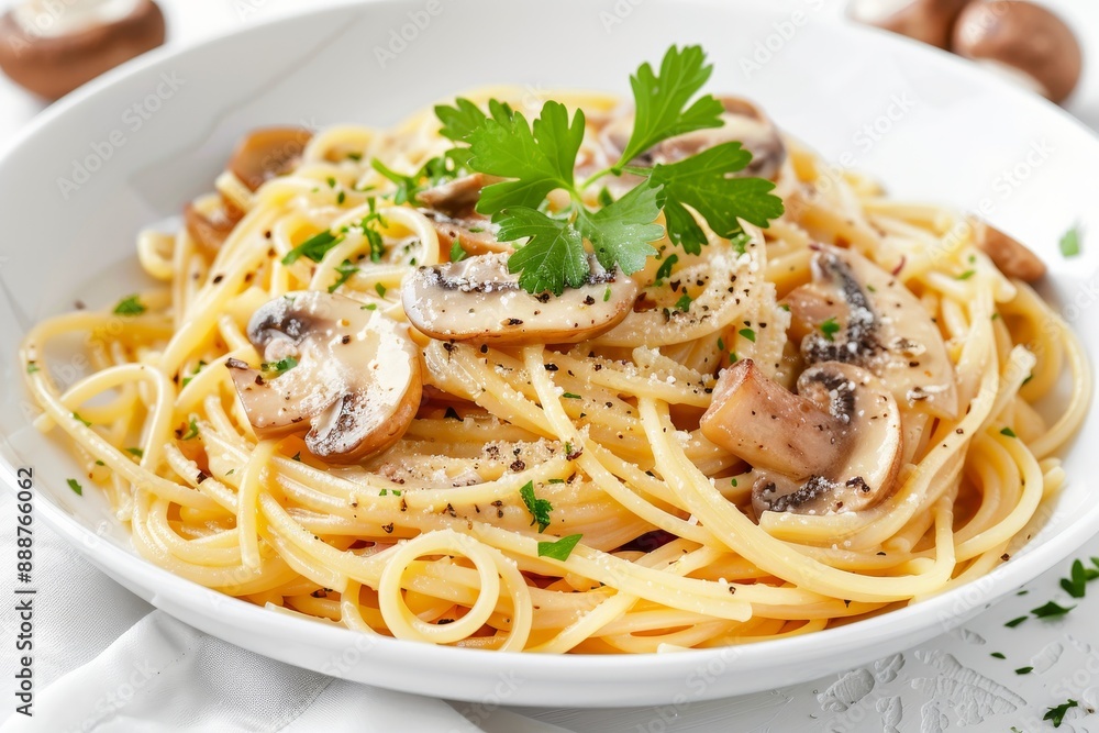 Spaghetti with mushrooms and creamy sauce on white background Spaghetti with mushrooms and creamy sauce on white background