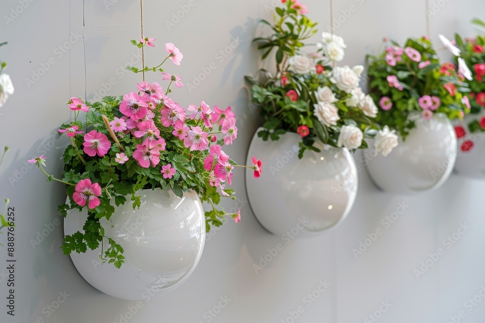 Spherical flower pots with flowers hung on the wall Spherical flower pots with flowers hung on the wall