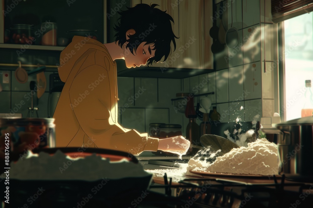 A person pouts while looking at a failed baking attempt, flour dusted everywhere, cozy vibe, Generative AI