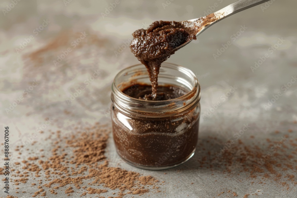 Spread chocolate nut paste in a jar using a spoon Spread chocolate nut paste in a jar using a spoon